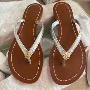 Tory Burch Metallic Silver and Tan Sandals